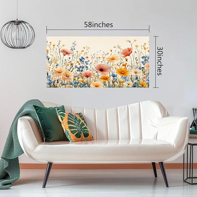 KZKU Floral Canvas Wall Art Wildflower Garden Print 30x58 inches Pink Yellow Blue Watercolor style Flower Picture for Bedroom Living Room Artwork Home Wall Decoration