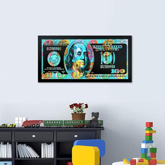 Money Canvas Wall Art - Green Painting Graffiti Dollar Prints Poster 100 Dollar USD Picture Artwork for Home Office Study Room Classroom Living Room Wall Decor Framed 32" Wx16 H