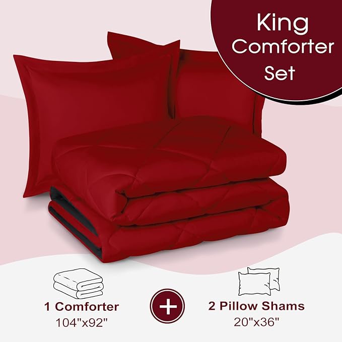 Basic Beyond King Size Comforter Set - Red and Black, Reversible for All Seasons, 1 Comforter (104"x92") and 2 Pillow Shams (20"x36"+2")