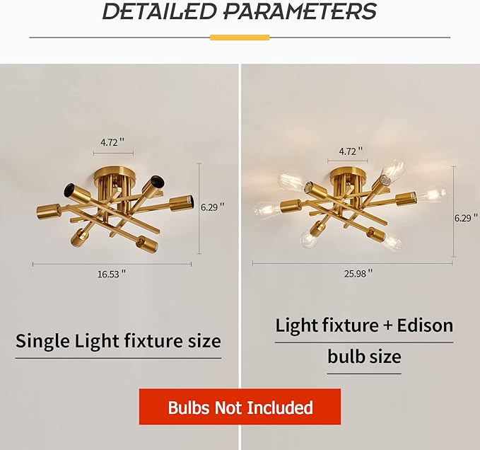 ASGYISA 6-Lights Semi Flush Mount Ceiling Light Fixture Gold Modern Matte Sputnik Chandelier Vintage Ceiling Lamp Farmhouse for Kitchen Bedroom Dining Room Living Room with E26 Bulb Base