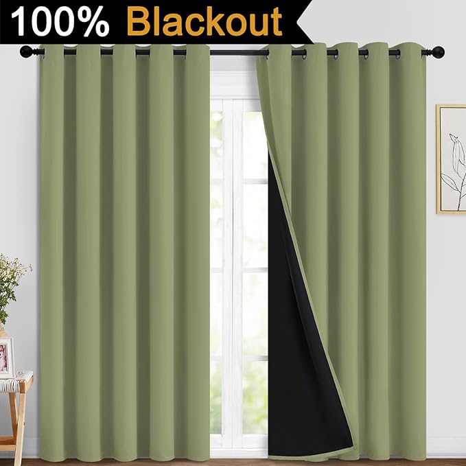 Yakamok 100% Blackout Window Curtain Panels, Heat and Full Light Blocking Drapes with Black Liner for Nursery,Thermal Insulated Draperies (Sage, 2 Pieces, 70Wx84L)