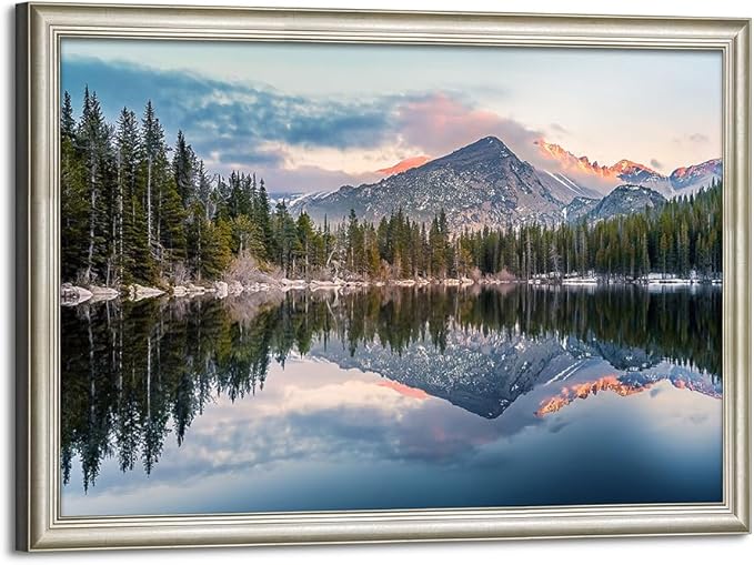 Framed Lake Scenery Wall Art: Natural Mountain Water Canvas Painting Woodland Sunset Picture for Living Room