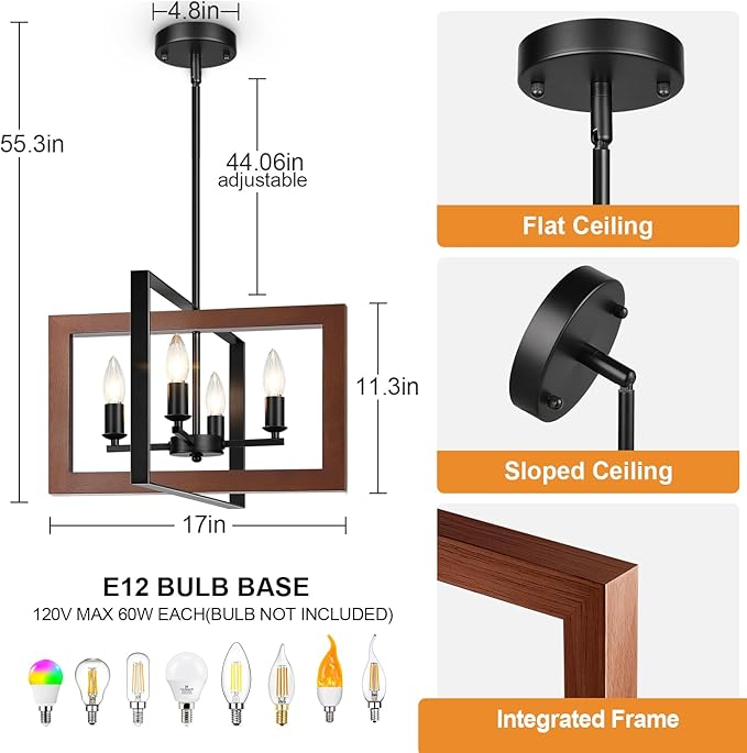 17" Farmhouse Reddish Brown Wood Chandelier, (4-Light, 17-Inch), Rustic Dining Room Light Fixtures Over Table, Adjustable Hanging Light Fixture for Kitchen, Living Room, Foyer, Entryway