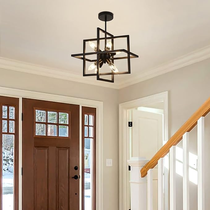 Small Modern Lantern Chandeliers, Geometric Black Pendant Lighting, 8-Light Industrial Hanging Chandelier Light Fixture for Dining Room, Kitchen, Bedroom, Foyer, Entryway, Farmhouse UL Listed