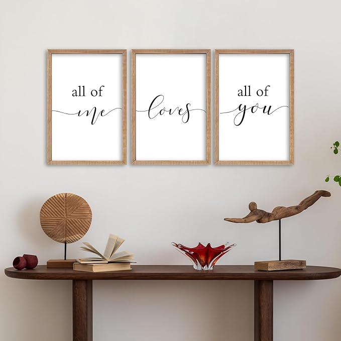 SRSZHIYUE Romantic Love Quote All of Me Loves All of You Sign Wall Decor 16"×11" Set of 3 Framed Wooden Plaque for Couples Master Bedroom Above Over Bed Love Rustic Farmhouse Wall Hanging Art (Wood)
