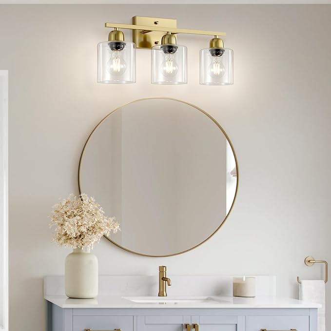 3 Light Gold Bathroom Light Fixtures, Modern Bathroom Vanity Lights with Clear Glass, Gold Vanity Mirror with Lights for Mirror Living Room Bedroom Hallway E26 Base