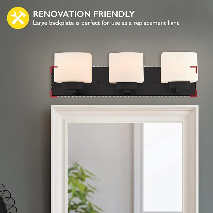 Design House Dove Creek Vanity Light, Dimmable, Frosted Glass, 3 Lights, Bathroom, Matte Black, 24 in x 6 in x 6.5 in, Item 588418