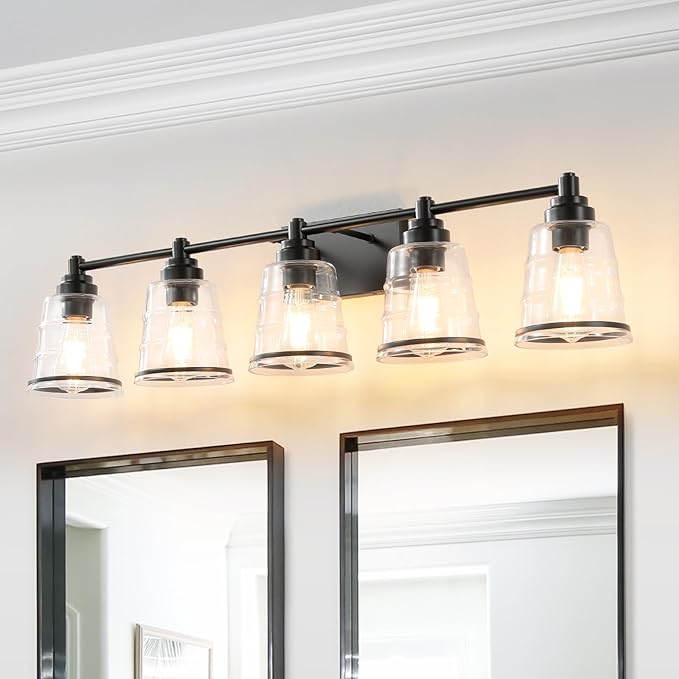 Black Bathroom Vanity Light Fixture, 5 Light Bathroom Light Fixtures Over Mirror with Clear Glass Shade and Metal Base Wall Sconce, 37 inch Modern Vanity Light for Bathroom(Exclude E26 Bulb)
