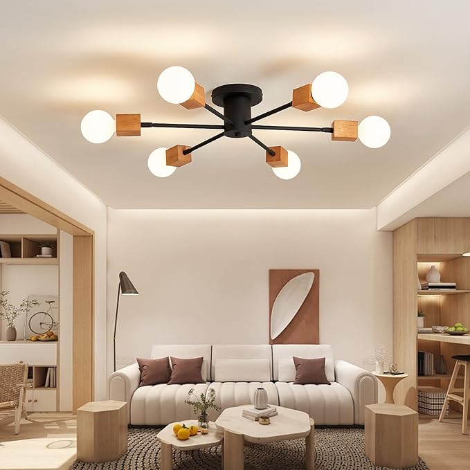 Semi Flush Mount Wood Ceiling Light Fixture 6-Lights Rustic Wooden Sputnik Chandelier Farmhouse Ceiling Lighting Oak and Black with E26 for Dining Room Bedroom Kitchen Lighting Fixture.