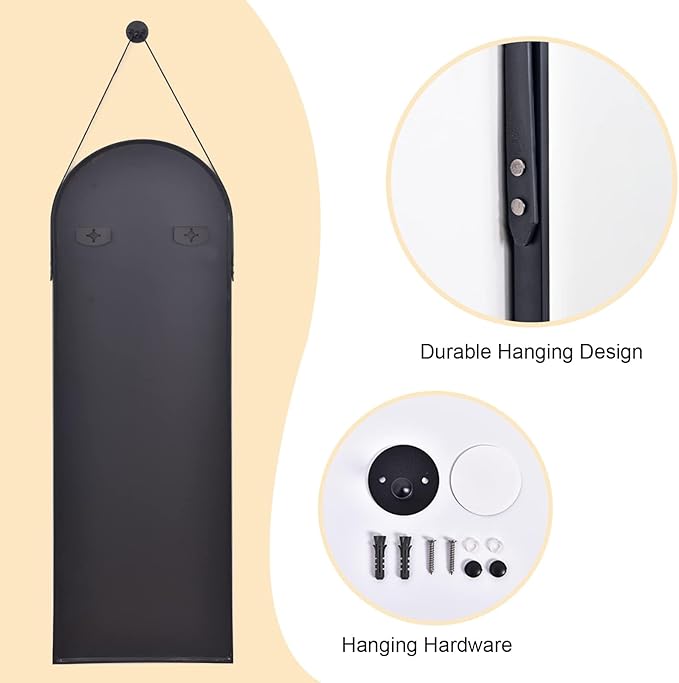 16"x48" Hanging Mirror with Leather Strap,Arched Full Length Mirror with Aluminum Frame Wall-Mounted Hanging Mirrors for Bathroom Vanity Living Room Bedroom Entryway Décor, Black