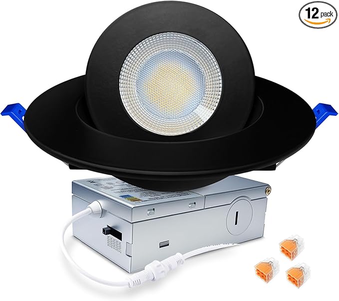 zouzai 5CCT LED Gimbal Led Recessed Light with Junction Box, 360°+90° Adjustable Directional Eyeball Lighting, Dimmable, 2700K/3000K/3500K/4000K/5000K,ETL&Energy Star (6 inch, Black 1 Pack)