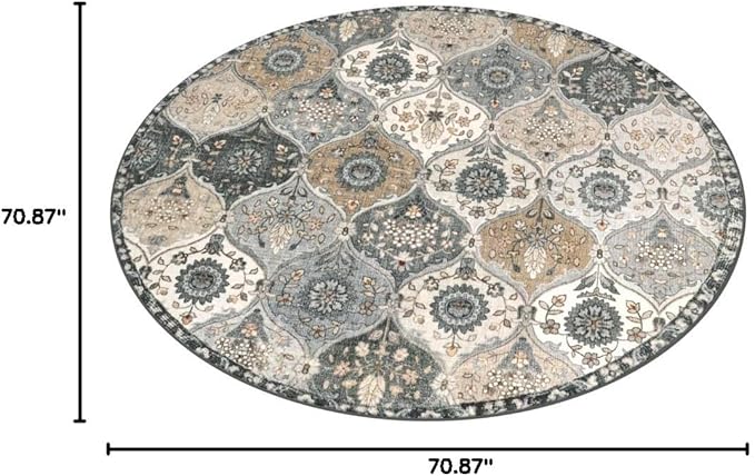 Lahome Moroccan Trellis Washable Round Area Rug, Soft Round Rugs 6ft Ultra-Thin Non-Slip, Vintage Large Circle Carpet for Bedroom Living Room Kitchen Nursery, Grey