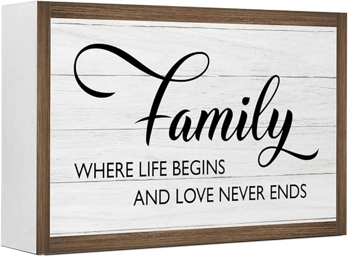 Ruvoty Family Where Life Begins and Love Never Ends Wooden Box Sign Desk Decor,Rustic Family Saying Wooden Block Plaque Sign for Home Farmhouse Living Room Bedroom Shelf Desk Tabletop Wall Decor