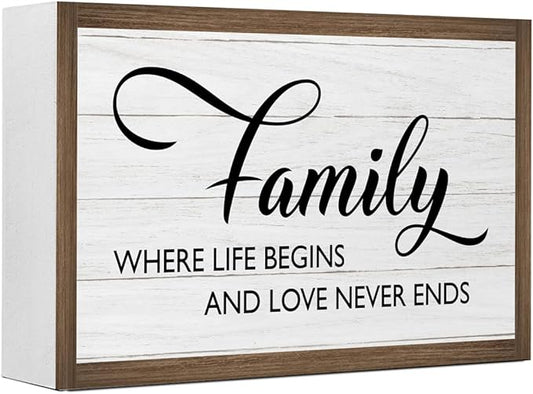 Ruvoty Family Where Life Begins and Love Never Ends Wooden Box Sign Desk Decor,Rustic Family Saying Wooden Block Plaque Sign for Home Farmhouse Living Room Bedroom Shelf Desk Tabletop Wall Decor