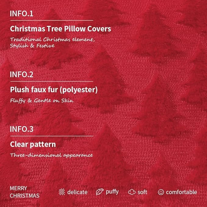 GEEORY Christmas Tree Throw Pillow Covers 16x16 Inch Set of 2, Xmas Winter Soft Plush Faux Fur Wool Decorative Farmhouse Holiday Cushion Case for Home Decoration (Red) GC005-16