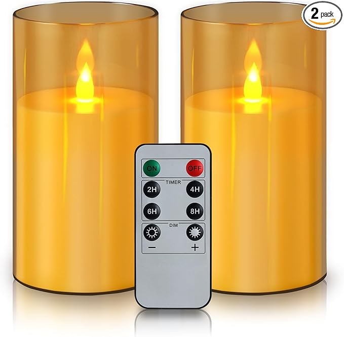 Amber Flameless Candles with Remote and Timer, 2 Pcs(D3 xH6) Flickering Battery Operated Acrylic LED Pillar Candles, Electric Fake Candles for Holiday Wedding Home Party Fireplace Décor