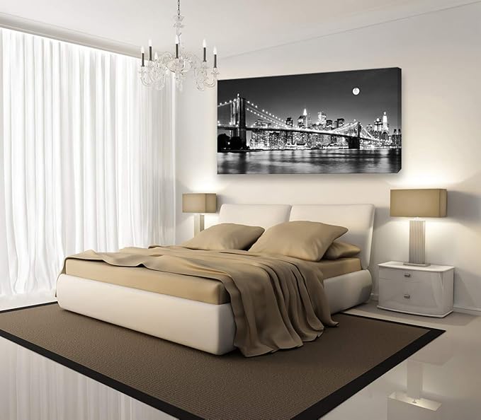 Baisuart-Q30375 Brooklyn Bridge Night View 1 Panels Landscape Artwork Canvas Prints Moon Night New York City Scene Picture Paintings Black and white Wall Art for Oiffce Home Decorations Wall Decor