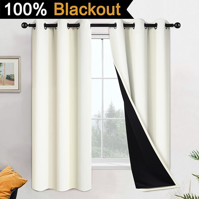 Yakamok 63 Inch Length 100% Blackout Curtains for Bedroom, 2 Thick Layers Thermal Insulated Grommet Total Blackout Drapes with Black Liner for Living Room (42Wx63L,Cream, 2 Panels)