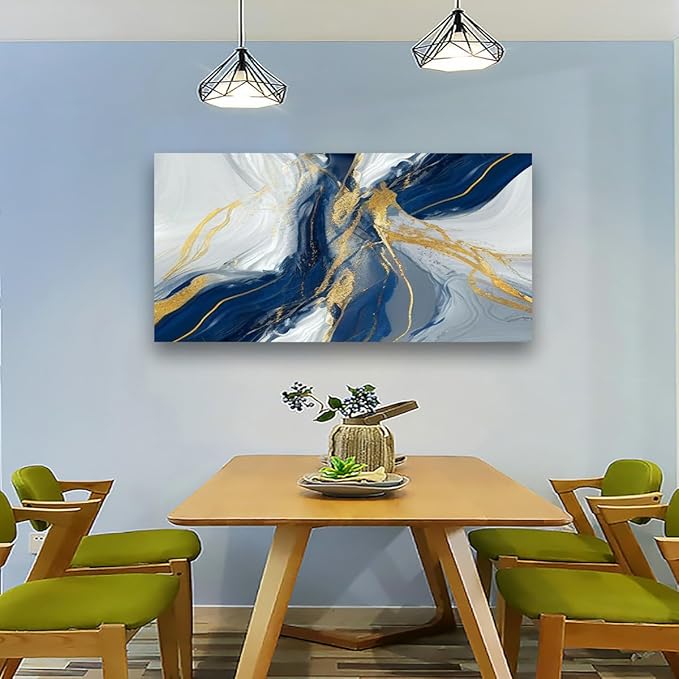 Golden Blue Wall Art Print Oil Paintings Abstract Canvas Wall Art for Living room Office Bedroom Modern Flow of White Golden Blue Pictures Wall Decor Artwork Waterproof Ready to Hang - 20in * 40inch