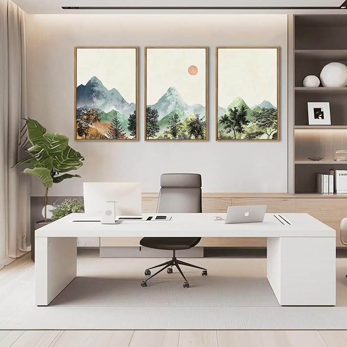 ANHUIB Mountain Wall Art 16x24 Inch Watercolor Landscape Wall Decor Sun Forest Painting Minimalist Pine Tree Artprint Nature Illustration Set of 3 for Living Room Dining Room Office