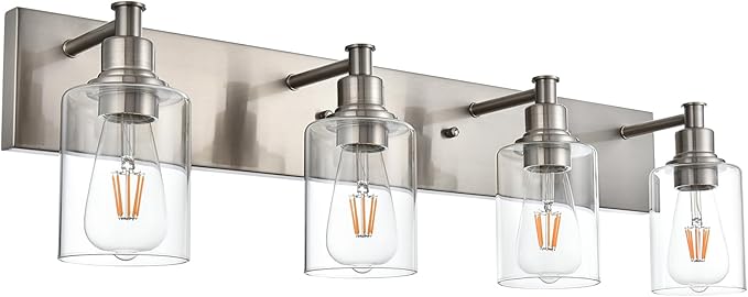 Bathroom Vanity Light Fixtures, 4-Lights Modern Brushed Nickel Wall Mounted Lamp with Clear Glass Shade for Bedroom Over Mirror