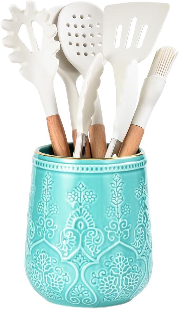 Utensil Holder, Large Utensil Holder for Kitchen Counter, 6.5”Ceramic Cooking Utensil Organizer, Kitchen Decor for Counter (Turquoise)