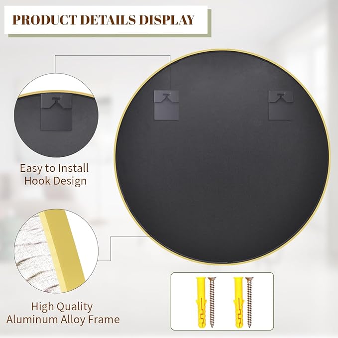 BEAUTYPEAK Circle Mirror Gold 36 Inch Wall Mounted Round Mirror with Brushed Metal Frame for Bathroom, Vanity, Living Room, Bedroom, Entryway Wall Decor (Gold, 36 Inches)