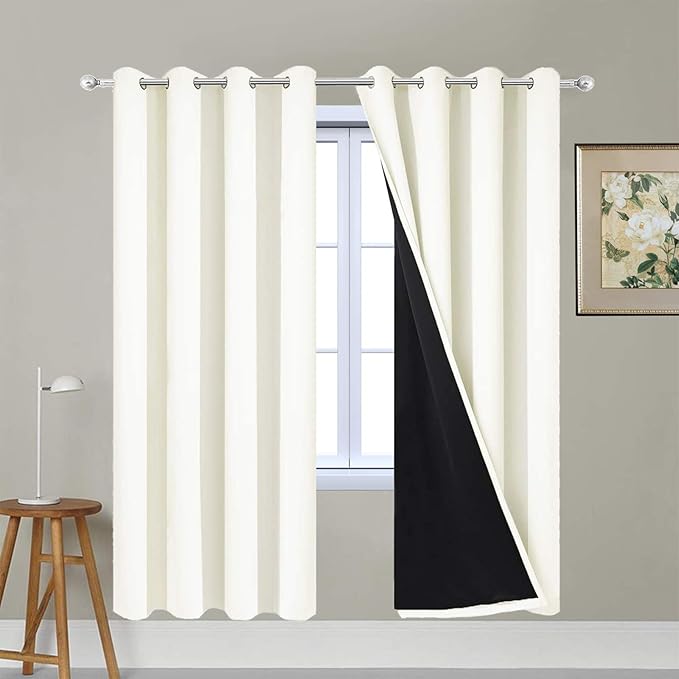 Yakamok 100% Blackout Curtains for Bedroom, Thermal Insulated Double Layer Drapes with Grommet for Living Room, Cream, 2 Panels, W52 x L72