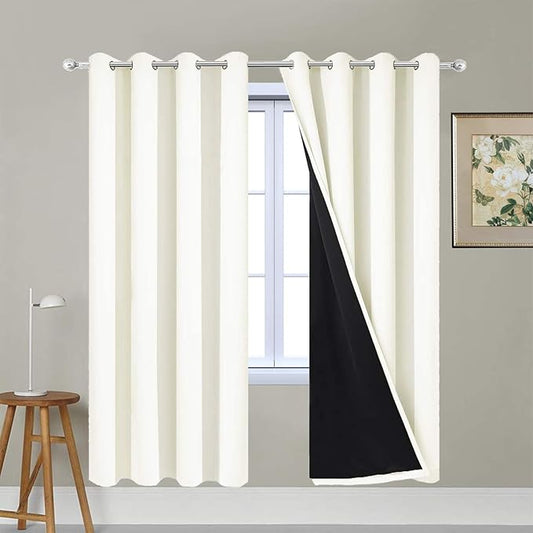 Yakamok 100% Blackout Curtains for Bedroom, Thermal Insulated Double Layer Drapes with Grommet for Living Room, Cream, 2 Panels, W52 x L72