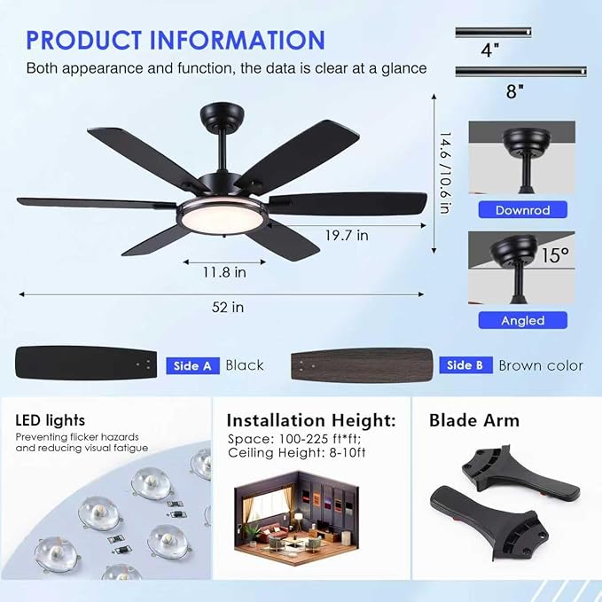 Ceiling Fans with Light, 52in Flush Mount Ceiling Fan with Light and Remote/App Control,Low Profile,Super Brigt LED,3CCT,Dimmable,Quiet DC Motor for Bedroom Kitchen Black