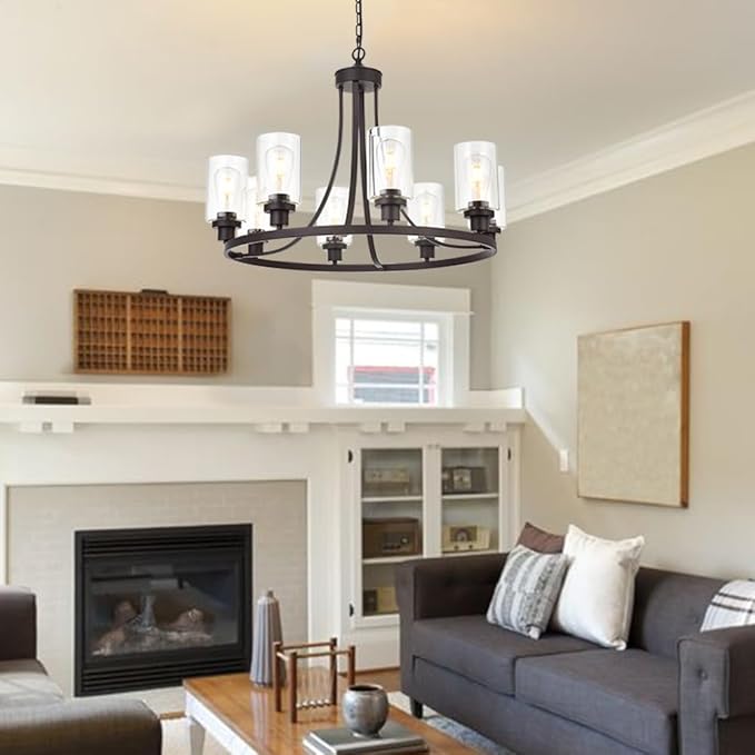 MELUCEE 8 Lights Large Farmhouse Chandelier Wagon Wheel, Industrial Island Lights for Kitchen Dining Room Lighting Fixtures Hanging Oil Rubbed Bronze Finish