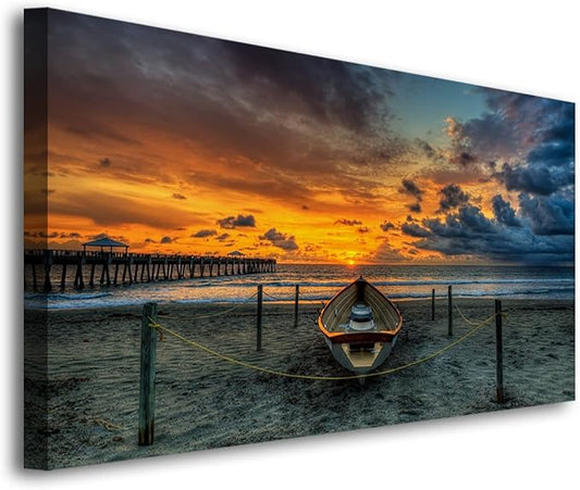 Beach Themed Wall Art Canvas Prints Seascape Poster Bathroom Décor Boat Ocean Sunset Landscape Paintings for Bedroom Dining Room Home Kitchen Decorations Natural Artwork 20x40 Picture Wooden Frames