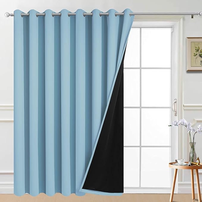 Yakamok 84 Inch Long 100% Blackout Sliding Door Curtains, Thermal Insulated Full Light Shading Sliding Door Drape Room Divider Curtain for Space Room Divider, Sky Blue, W100 x L84, 1 Panel
