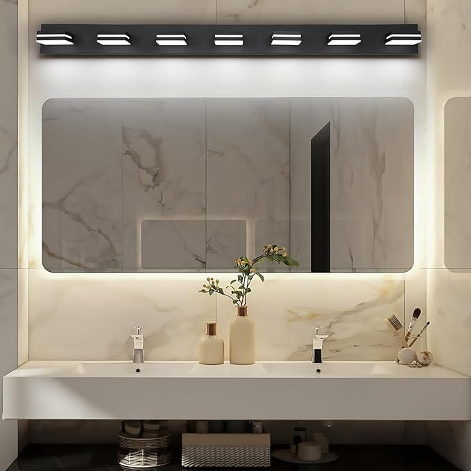 SineRise LED Modern Bathroom Vanity Light Fixtures (7-Light, 55-Inch, Dimmable), Matte Black Modern Acrylic Bathroom Wall Lighting Fixtures Over Mirror (Cool White 6000K)