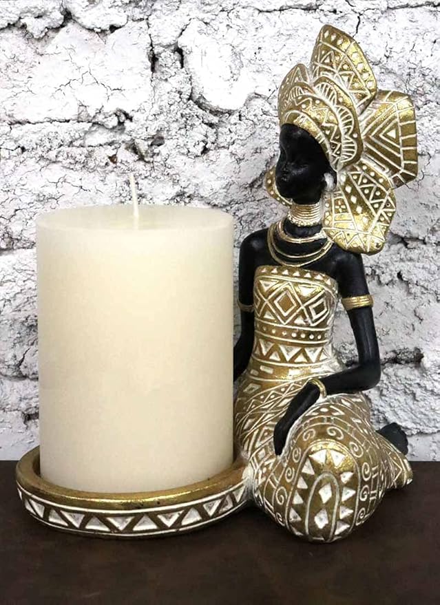African Lady Figurine Candle Holder with African Tribal Totem for Wedding,Church,Holiday Decor-African Decorative Women Statues, Candlestick Holder for Home and Table Decor(754-Gold)