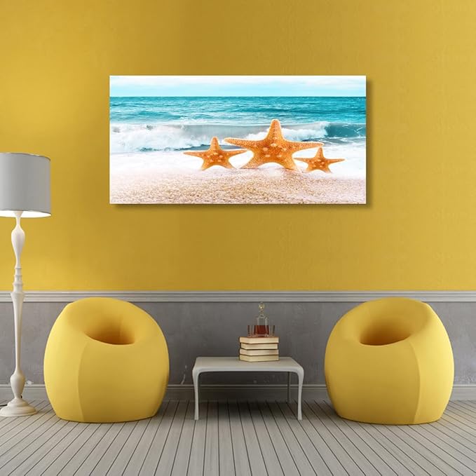 Beach Canvas Wall Art for Living room Office Bedroom Ocean Wall Art Print Oil Paintings Modern Sea Waves Starfish Pictures Blue Wall Decor Artwork Waterproof Ready to Hang - 20in * 40inch