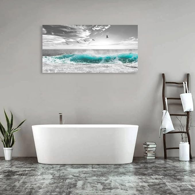 Large Ocean Canvas Wall Art for Living Room Wall Decor Teal Sea Wave Canvas Prints Artwork Seagull Birds Canvas Pictures for Bedroom Home Office Wall Decorations Ready to Hang 20" X 40"
