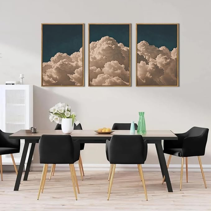 IARTTOP Large Cloud Canvas Wall Art Framed 16x24 Inch Navy Blue Cloud Painting Set of 3 Modern Abstract Sky Landscape Wall Decor For Living Room Bedroom Office