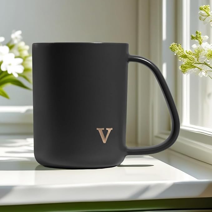 COLLECTIVE HOME - Ergonomic Handle Ceramic Mug, 15 oz Personalized Coffee Cup with Golden Initial, Microwave & Dishwasher Safe, Elegant Monogram Tea Mug in Gift Box for Home & Office (Black-v)