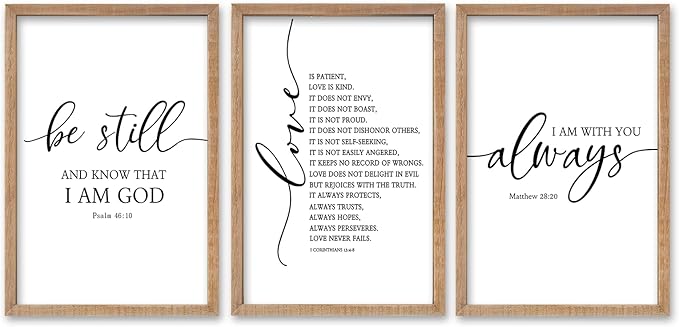 SRSZHIYUE Bible Verses Wall Decor Be Still Love Is Patient I Am With You Always 16"×11" Set of 3 Wooden Framed Scripture Living Room Wall Hanging Art (Wood)