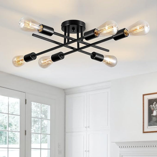 Sputnik Chandeliers, Modern Semi Flush Mount Ceiling Light with E26 Base, Mid Century Industrial Kitchen Farmhouse Light Fixtures for Bedroom Living Room (Black, Ceiling 6 Lights (Lengthen))