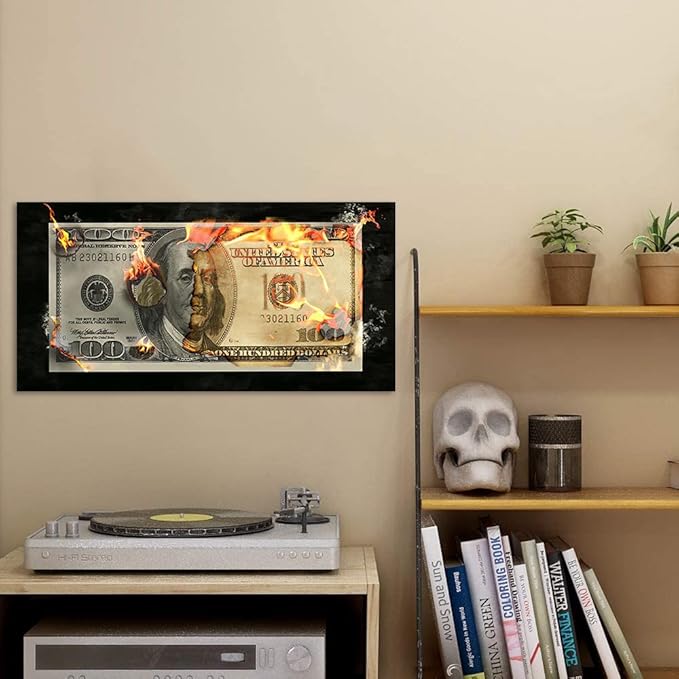 Work Pictures for Office Home Living Room Decor Burning Dollar Wall Paintings Artwork for Home Walls 100 Bill Money Giclee Canvas Art Print for Bedroom Rest Room Kitchen Framed Ready to Hang-32"Wx16"H