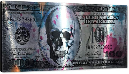 Yatsen Bridge Retro Skull Dollar Bill Canvas Art Print, 48" W x 24" H, Framed, Green, Black, Wood Frame, Waterproof, Landscape, Glossy Finish, Perfect for Living Room, Bedroom, Kitchen, Office, Bar