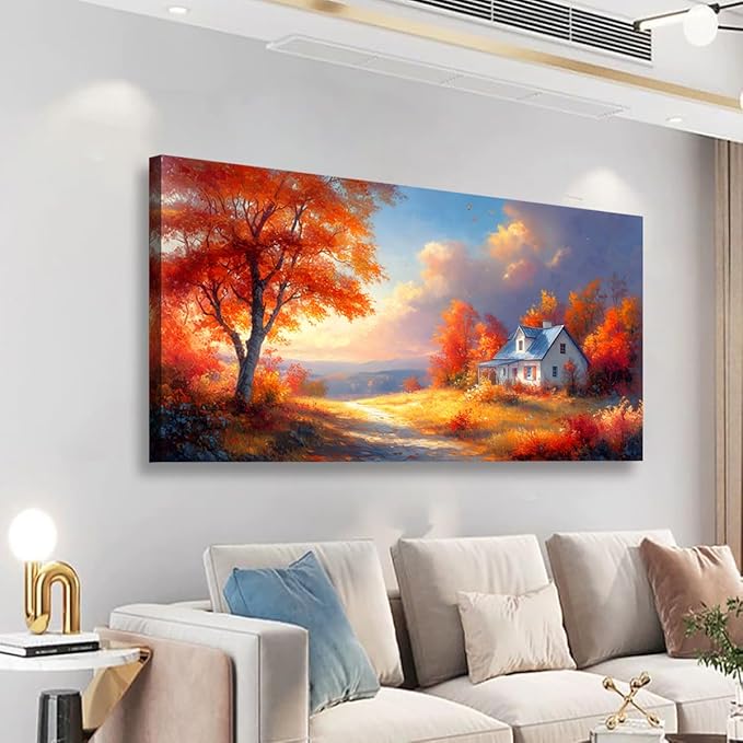 Village House Red Tree Canvas Wall Art Bedroom Wall Decor Living Room,Autumn Scenery Wall Art Office Kitchen Paintings Artwork Modern Abstract Pictures Art Prints Waterproof Ready to Hang-20x40inch