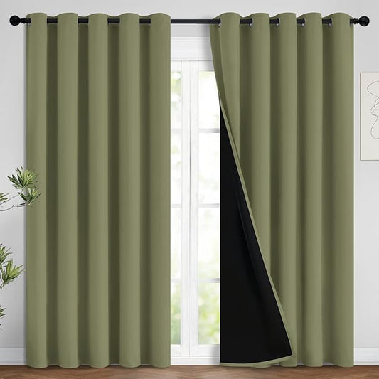 Yakamok 100% Blackout Window Curtain Panels, Heat and Full Light Blocking Drapes with Black Liner for Nursery,Thermal Insulated Draperies (Sage, 2 Pieces, 62Wx96L)