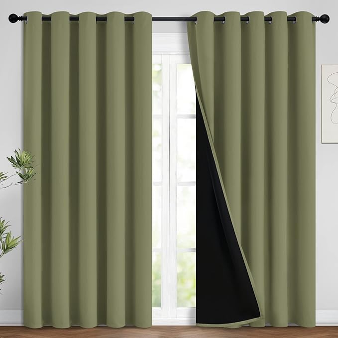 Yakamok 100% Blackout Curtains, Noise Reduction and Privacy Curtains for Living Room, Grommet Top Room Darkening Blackout Drapes for Bedroom(62Wx84L, Sage, 2 Panels)