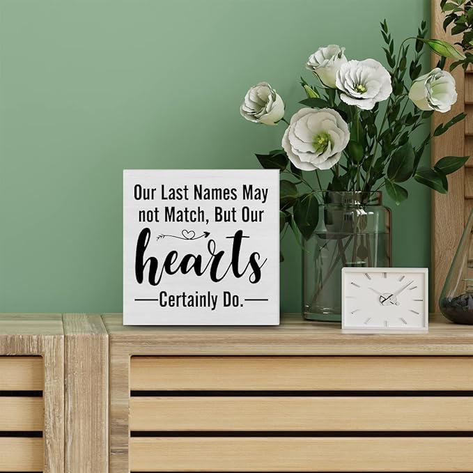 Blended Family Decorative Wooden Box Sign Our Last Names May not Match But Our Hearts Certainly Do Wood Block Plaque Decor Rustic Shelf or Wall Display for Home Living Room Bedroom