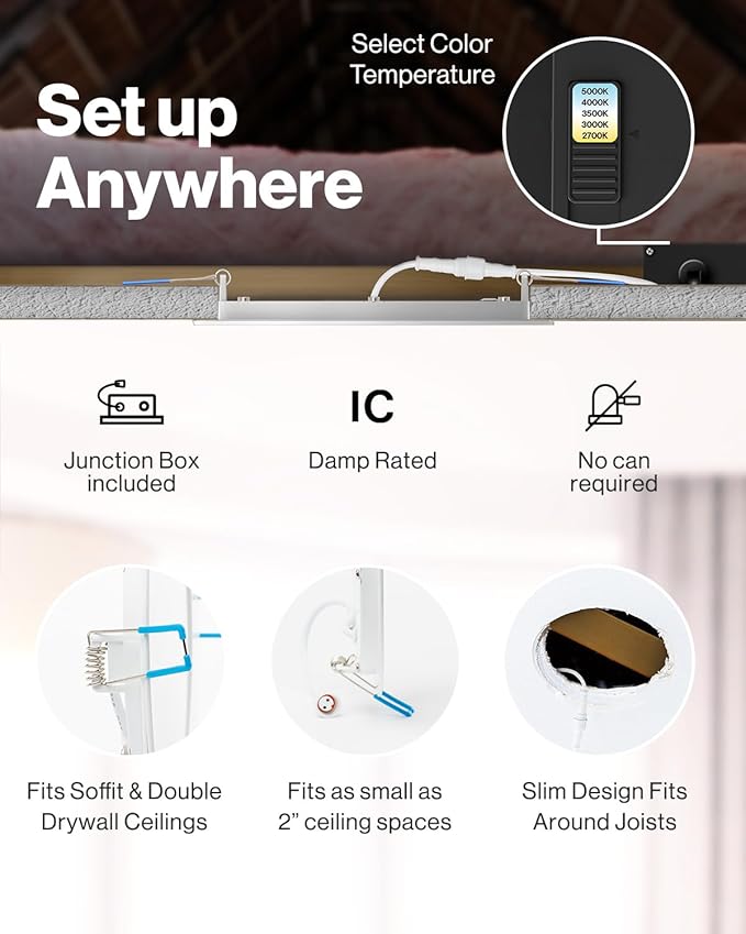 Sunco 6 Pack 3 Inch Recessed LED Lights, Ultra Thin Ceiling Lighting, 500 LM, 8W (50W Equivalent), Selectable 2700K/3000K/4000K/5000K/6000K, Dimmable, Wafer Thin, Canless with Junction Box