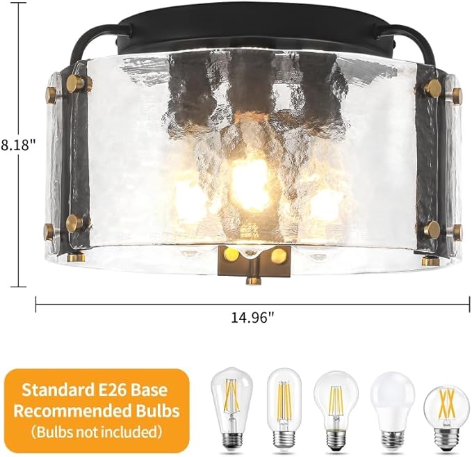 TOULMJ 15'' Semi Flush Mount Ceiling Light, Black Morden Hallway Light Fixture 3-Light Ceiling Light Fixture with Seeded Glass Shade for Dining Room Hallway Entryway Bedroom Laundry Room