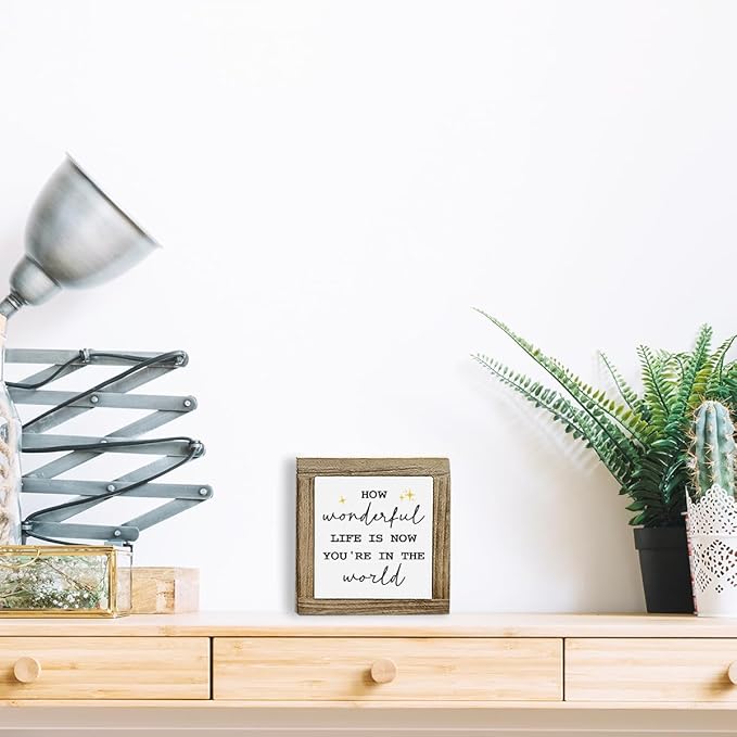 How Wonderful Life Is Now Desktop Decor. Wood Box Decor. Inspirational Wood Box Decoration Sign, Home Desktop Decoration, For Nursery Playroom Kids Room Home, Office